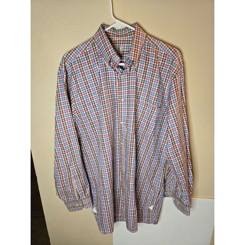 Peter Millar Red And Blue Plaid Long Sleeve Button Down Shirt Classic Casual Med